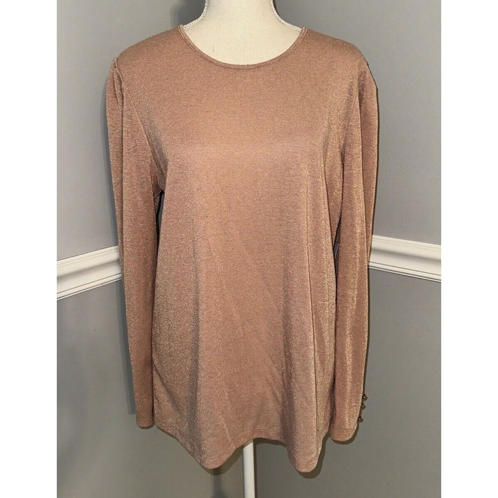New Liz Claiborne Top Size L Metallic Fibers Faux Button Sleeves Round Neck